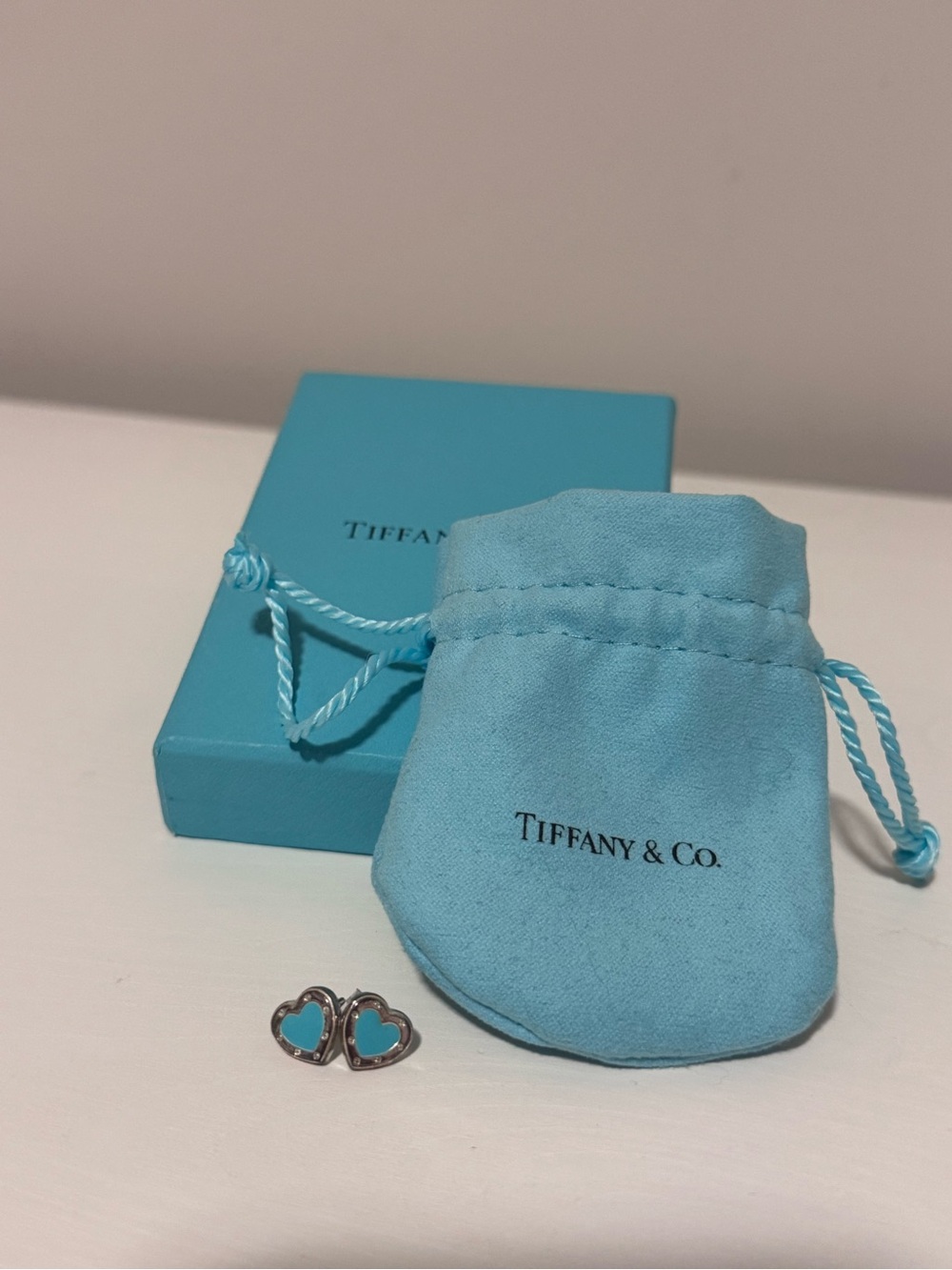 Tiffany & Co. Blue Heart Stud Earrings with Signature Blue Pouch